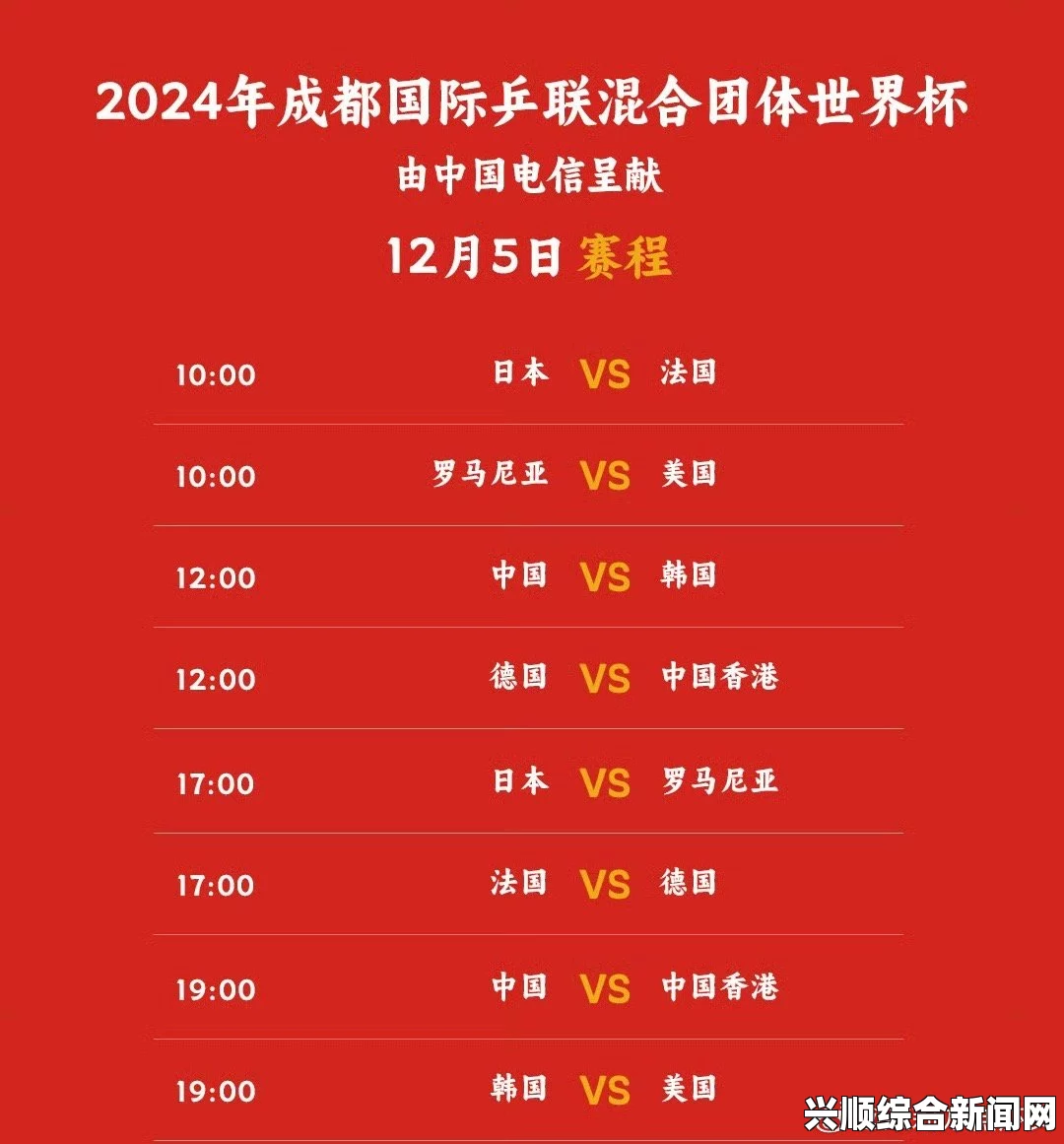 成都乒乓球混团世界杯赛程时间表，12月8日，今天中国vs德国比赛直播时间